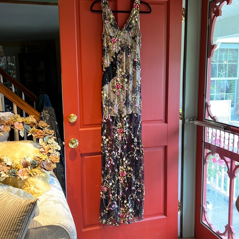 Sky maxi stretchy no zipper slit up the side black mesh embroidered dress